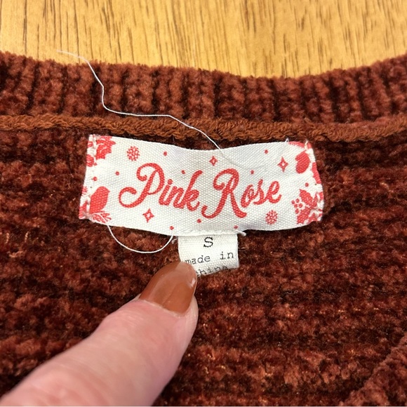 Pink Rose Juniors Burgundy Rust Loose Soft Velour Oversized Cropped Sweater S - Picture 3 of 8